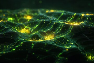 Poster - Vibrant green and yellow lights illuminate a dynamic, abstract landscape during a digital art creation at night. Generative AI