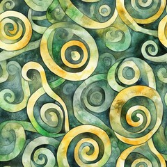 Poster - Whimsical doodle cartoon drawings in watercolor with vibrant swirls and patterns on a green background