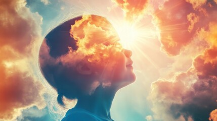 Poster - Vibrant visualization of a child's profile with clouds and sunlight creating a dreamlike atmosphere in the sky