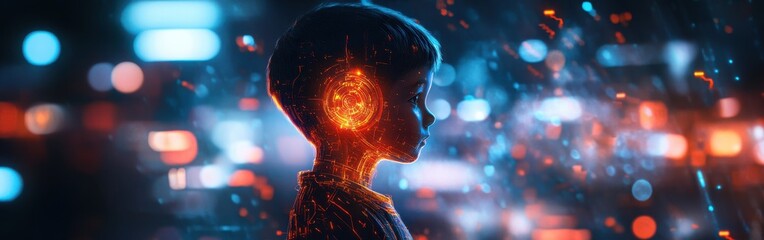 Aufkleber - Child radiating light in a futuristic urban environment showcasing vibrant colors and a sense of wonder