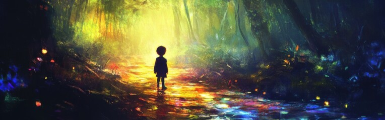 Aufkleber - Child glows amidst vibrant forest light, creating a magical atmosphere in the wilderness