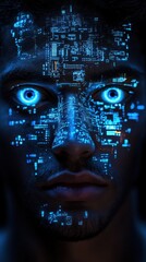 Poster - Vibrant portrait of a man with glowing blue circuitry patterns on his face in a dark setting