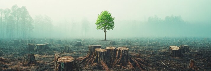 Poster - Unique solitary tree stands in the middle of a deforested area with stumps surrounded by fog. Generative AI