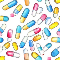 Poster - Vibrant doodle drawings of colorful capsules and pills scattered across a white background