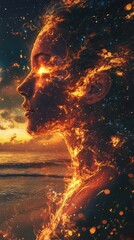Aufkleber - Vibrant woman’s profile illuminated by fiery colors against a sunset backdrop near the ocean