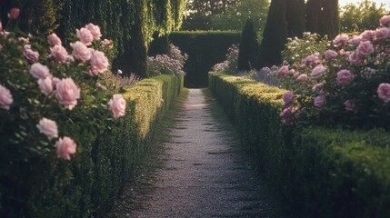 Aufkleber - Tranquil garden pathway lined with blooming roses and lush greenery during golden hour