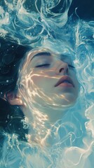 Poster - Surreal depiction of a glowing woman submerged in water during a tranquil moment