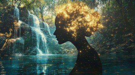 Aufkleber - Surreal representation of a glowing woman by a tranquil waterfall amidst a lush forest at twilight