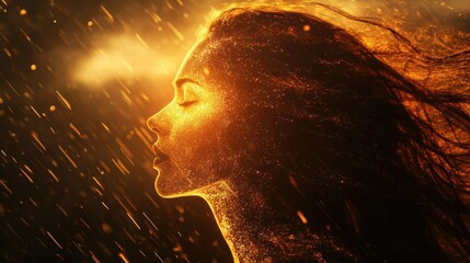 Poster - Surreal representation of a glowing woman amidst falling particles in a dreamlike atmosphere
