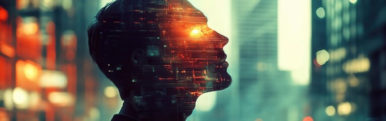 Poster - Surreal representation of a glowing man with a digital effect in a bustling cityscape during twilight