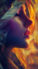 Poster - Surreal representation of a glowing woman enveloped in soft fabric lighting up the surrounding space