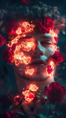 Leinwandbilder - Surreal portrait of a man’s glowing face intertwined with roses and hearts in a mystical ambiance