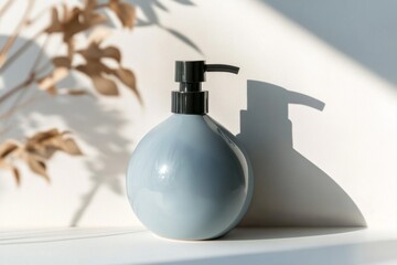 Poster - Blue soap dispenser, sunlight, shadow, dried flowers, bathroom