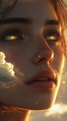 Aufkleber - Serene portrait capturing the glow of a woman's face and eyes reflecting the beauty of nature at sunset