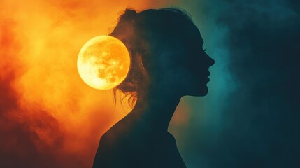 Poster - Portrait of a woman glowing with the moonlight against a vibrant sky during twilight hours