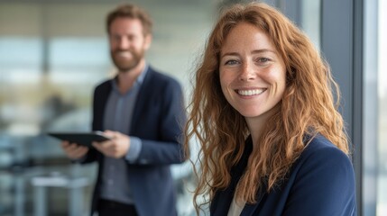 Poster - Professional team members collaborating in a modern office environment smiling and engaging with each other during a meeting