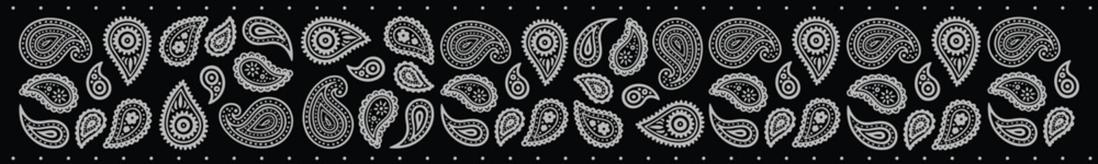 Black Bandana Print. paisley seamless pattern. pattern, flowers, hops, rice, decorative geometric line ornament. Red white pattern template. Silk neck scarf