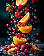 Wall Mural - Fresh fruits with water droplets falling in the air on dark background