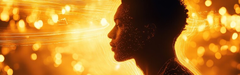Aufkleber - Mystical profile of a man illuminated by swirling golden lights in an ethereal atmosphere