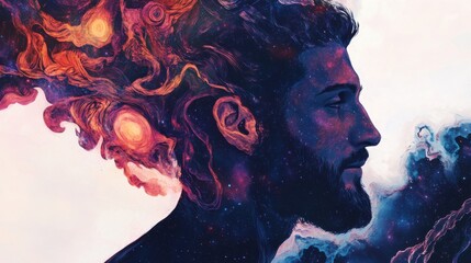 Fototapete - Mystical profile of a man filled with vibrant cosmic elements representing thoughts and imagination