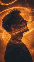 Aufkleber - Mystical profile of a man filled with swirling golden energy and cosmic elements at twilight