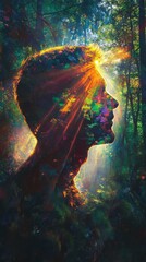 Aufkleber - Mystical profile of a man filled with light and nature in an enchanting forest setting