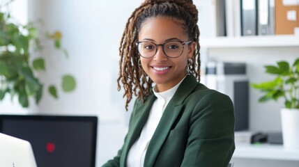 Poster - Professional woman with glasses smiling at her desk in a modern office setting during the daytime