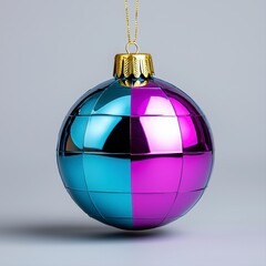 purple and blue christmas ball hanging with shiny disco balls and colorful reflections for festive p