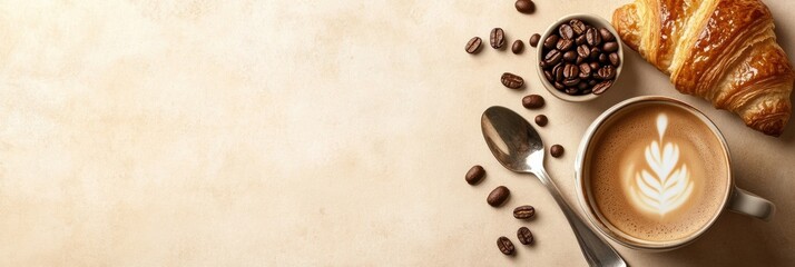 Aufkleber - Warm coffee and fresh croissant on a soft textured surface perfect for a cozy breakfast moment. Generative AI
