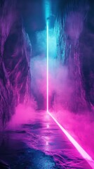 Poster - Neon lights illuminate a surreal pathway in a futuristic landscape surrounded by glowing mist and rocky formations