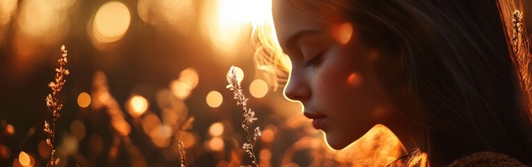 Poster - Dreamy bokeh capture at sunset with a serene young woman surrounded by golden light