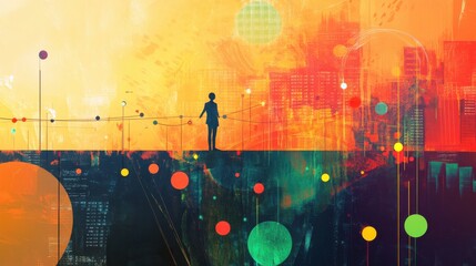 Aufkleber - Creative depiction of balancing among vibrant colors and abstract shapes in a dynamic urban landscape