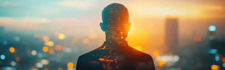 Poster - Glowing figure overlooking a city at sunset with digital effects and reflective elements