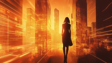 Leinwandbilder - Woman glowing with energy amidst a futuristic city skyline at sunset creating a captivating visual effect