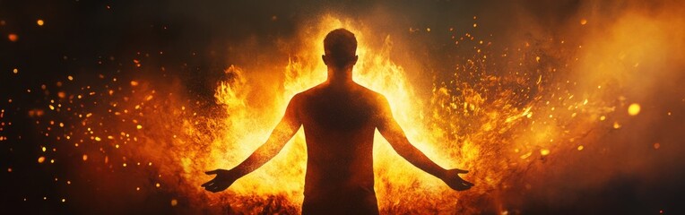 Fototapete - Glowing man surrounded by fiery energy emanating from the body in a dark environment