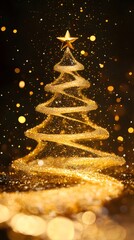 Wall Mural - Golden Christmas tree, sparkling lights, dark background, holiday card