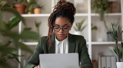 Aufkleber - Professional woman working on laptop in modern office filled with greenery during daylight hours