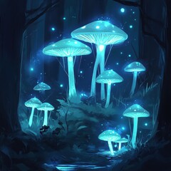 Wall Mural - Glowing mushrooms illuminate a magical forest at night time