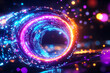 © Chen - Spiral Data Vortex - Hypnotic swirling digital data in vivid colors like electric blue, violet, and orange, set in a dark digital environment with dynamic light trails