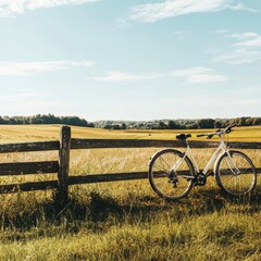 Aufkleber - Sunny afternoon bike resting by wooden fence in a peaceful countryside landscape with open fields. Generative AI