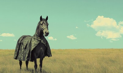 Poster - Horse wears cape stands in grassy field.