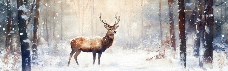 Poster - Snowy forest setting featuring a deer standing gracefully in soft snowfall during winter