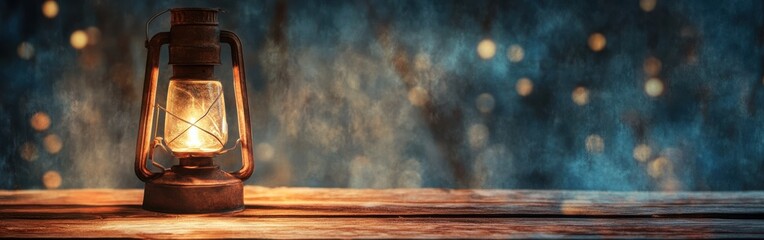 Aufkleber - Close-up view of an antique lantern casting a warm glow on a rustic wooden surface at night