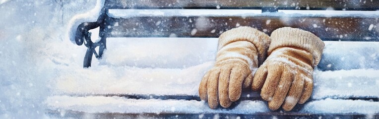 Poster - Close-up of warm hands resting on a snow-covered bench in a winter setting