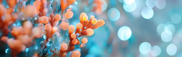 Aufkleber - Vibrant aqua and peachy coral bokeh lights create a dreamy atmosphere in a serene setting