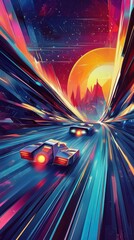 Wall Mural - Futuristic racing cars speed down a track towards the sun