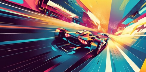 Wall Mural - Racing car speeding along vibrant track with motion blur