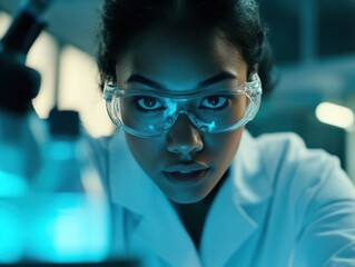 Poster - Scientist conducts an experiment in laboratory focusing on meticulous research at night