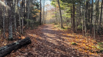 Poster - Forest trail lined with vibrant autumn leaves invites peaceful exploration and nature appreciation