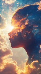 Aufkleber - Vibrant visualization of a child's profile blending with a radiant sunset and clouds